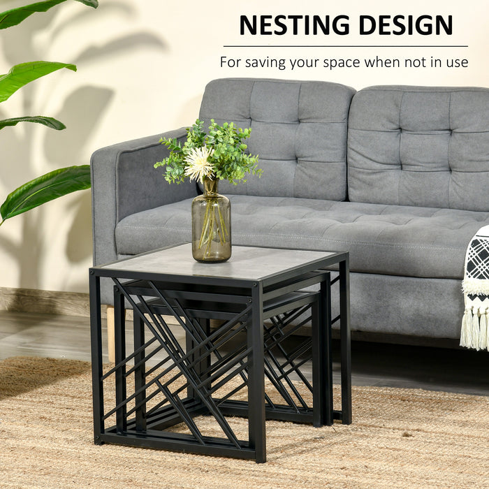 Nest of 3 Square Side Tables - Black Metal Frame & Grey Finish for Modern Decor - Versatile Living Room, Bedroom, and Office Furniture