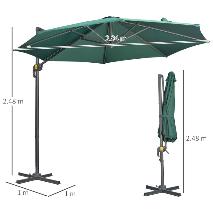 Cantilever Parasol 3x3m with Cross Base - 360° Rotating Outdoor Umbrella with Crank Handle and Tilt, Green - Ideal Sunshade for Garden, Patio Use