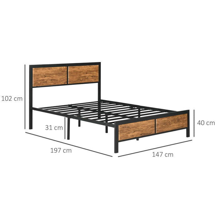 Industrial Double Bed Frame - 5FT Steel Frame with Slatted Support, Headboard & Footboard - Rustic Brown Design with Extra Under-Bed Storage Space