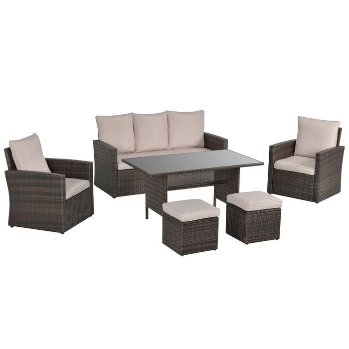 Outdoor 6-Piece PE Rattan Dining Set - Wicker Patio Furniture with Tempered Glass Table & Cushions - Stylish Mixed Brown Ensemble for Garden & Backyard Entertaining