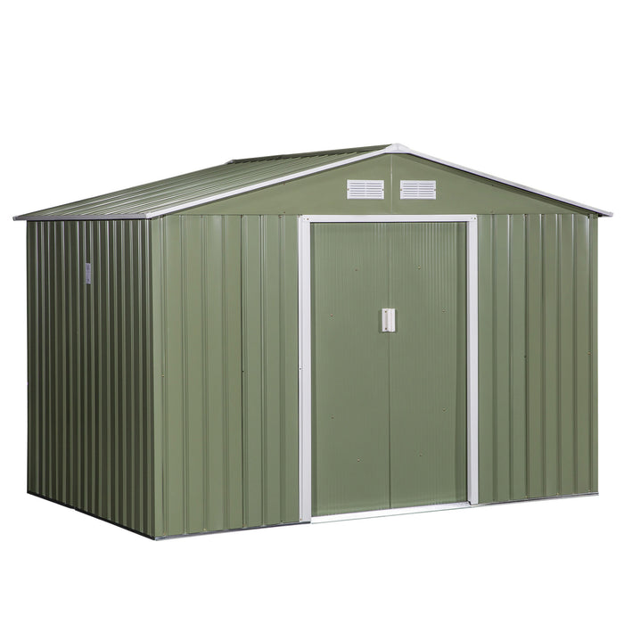 9x6 ft Metal Garden Shed - Corrugated Steel Roof, Ventilated Storage Unit with Foundation and Doors - Ideal for Tool Organization & Outdoor Equipment Protection, Light Green