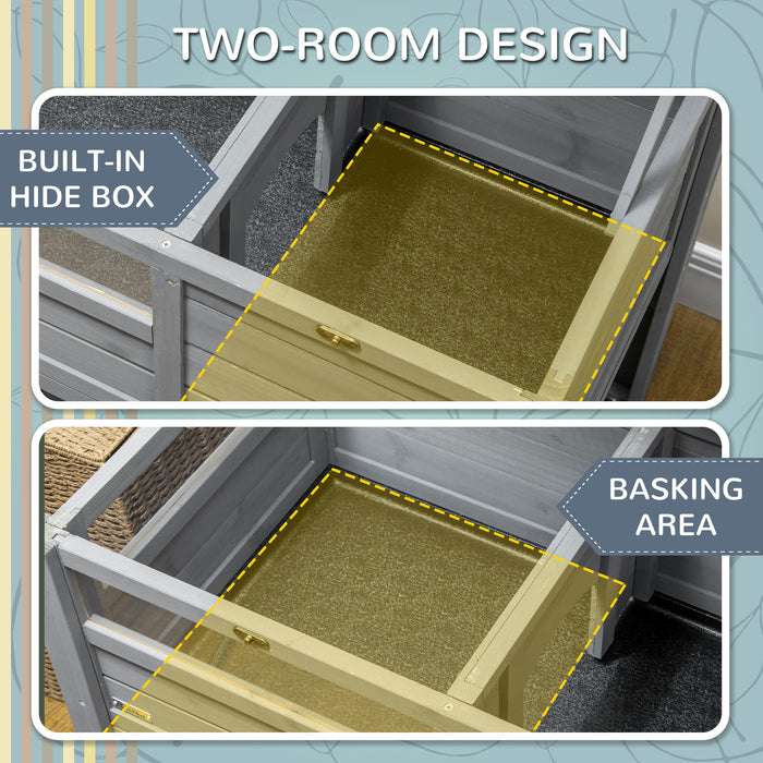 Tortoise Hideaway with Run - Reptile Safe Wooden Habitat with Basking Shelf, Heat Lamp Attachment & Easy-to-Clean Tray - Ideal for Indoor & Outdoor Environments