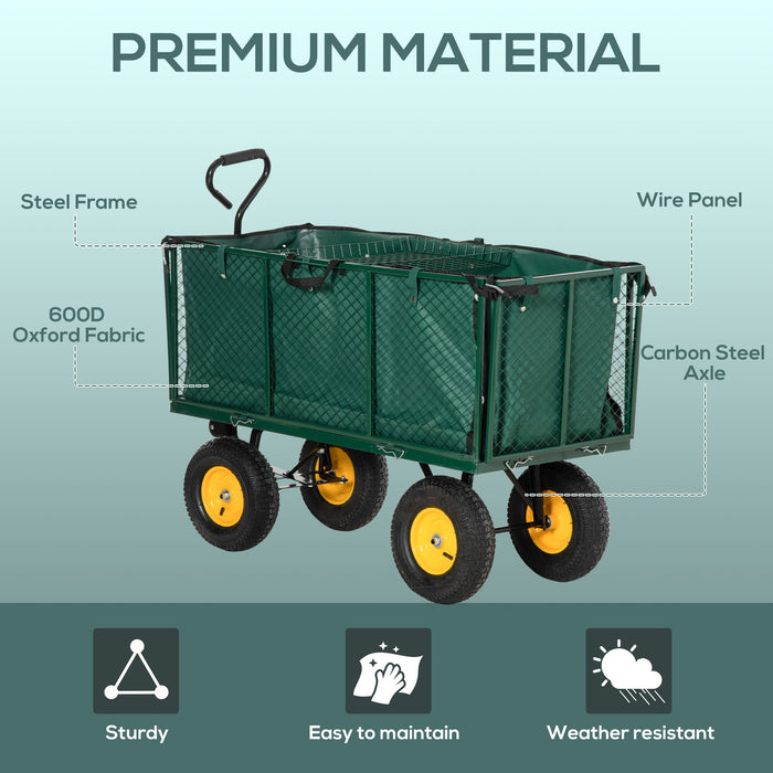 Heavy Duty Garden Trolley Cart with 4 Large Wheels - Durable Metal Frame Wheelbarrow with Handle, Green - Ideal for Gardening and Landscaping Transport Tasks