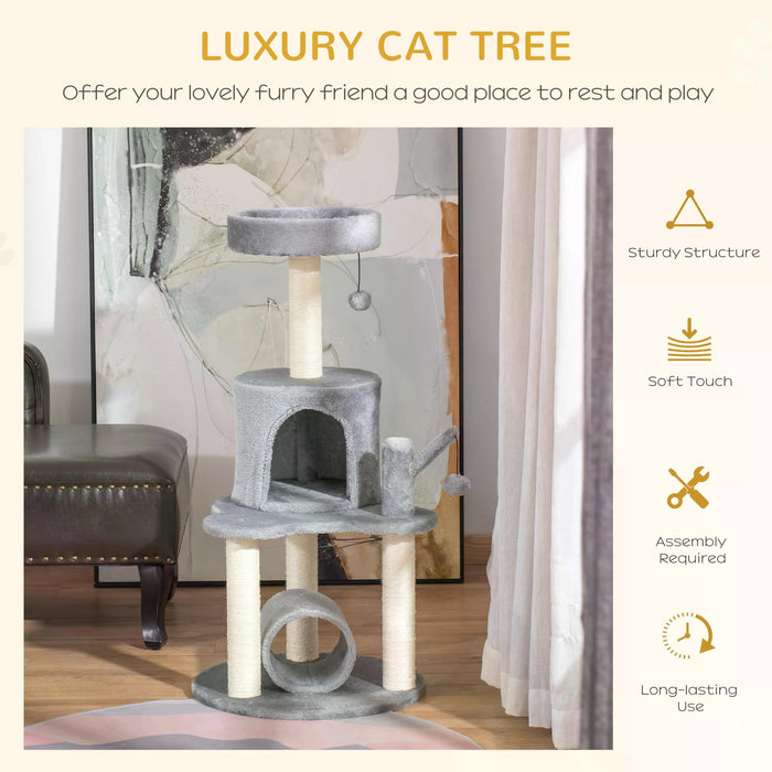 Cat Tree Tower Climber - Kitten Activity Center with Jute Scratching Posts, Bed, Tunnel, Perch, and Hanging Balls - Playful Furniture for Cats in Stylish Grey