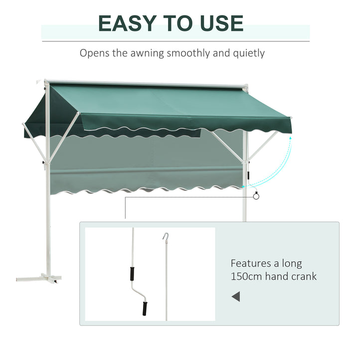 Adjustable Free-Standing Manual Awning - 2-Side Garden Canopy Shelter, 300 x 300 cm, Green/White - Ideal for Outdoor Entertainment & Sun Protection