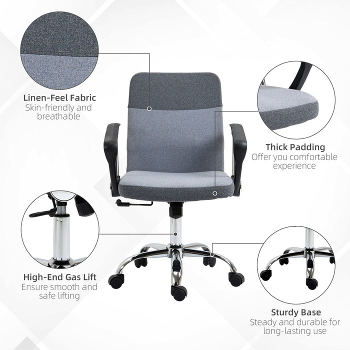 Ergonomic Swivel Chair in Grey Linen Fabric - Adjustable Office, Computer, and Study Chair with Wheels - Ideal for Comfortable Seating & Home Office Ergonomics