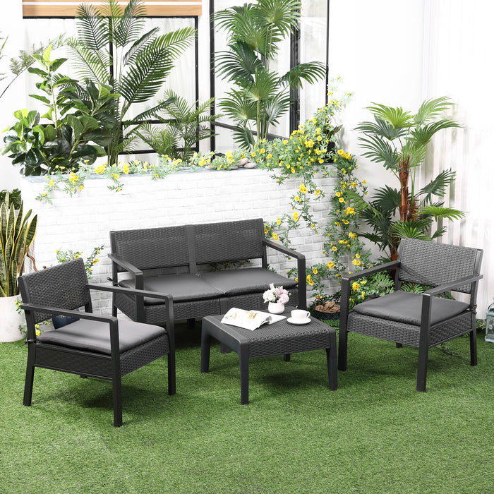 4-Piece Outdoor Rattan-Style Sofa Set - PP Garden Furniture with Patio Coffee Table, Cushions, 2 Single Chairs & Loveseat - Ideal for Conservatory, Deck, or Garden in Grey