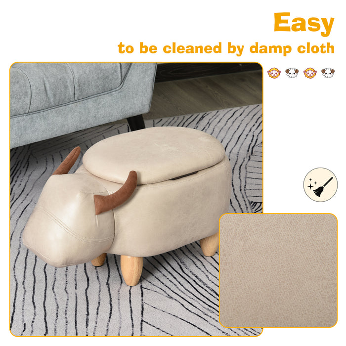 Buffalo-Shaped Storage Ottoman - Padded Lid, Wooden Frame Legs, Adorable Animal Design - Versatile Decoration and Footrest for Kids' Room