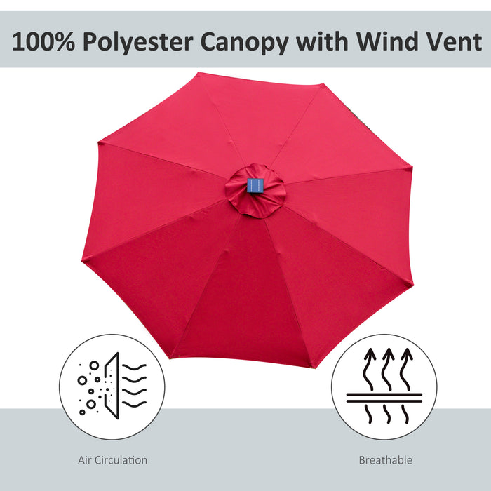 Garden Parasol Sun Umbrella 2.7m with Solar LED Lights - Angled Canopy, Air Vent, and Crank Tilt Features in Vibrant Red - Ideal Summer Patio Shelter for Day and Night