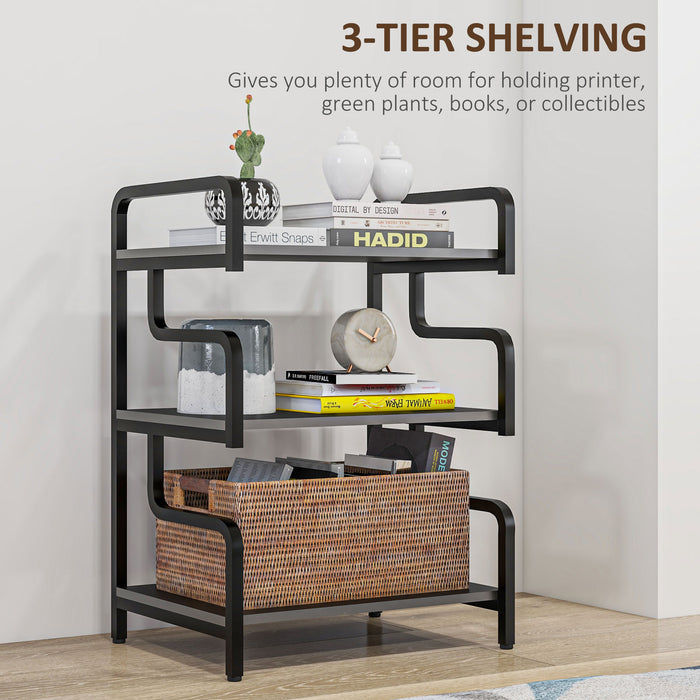 Industrial 3-Tier Storage Shelves - Sturdy Metal Shelving Unit & Printer Table - Versatile Display Rack for Home Office and Living Room Decor, Black