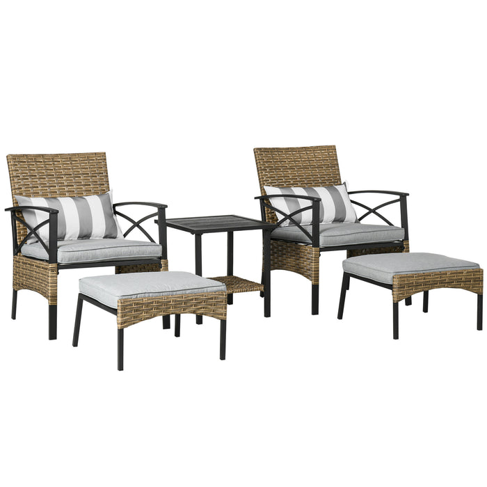 5-Piece PE Rattan Garden Set with Steel Tabletop - Includes 2 Armchairs, 2 Stools & Wicker Shelf - Comfy Padded Outdoor Seating for Patio & Backyard