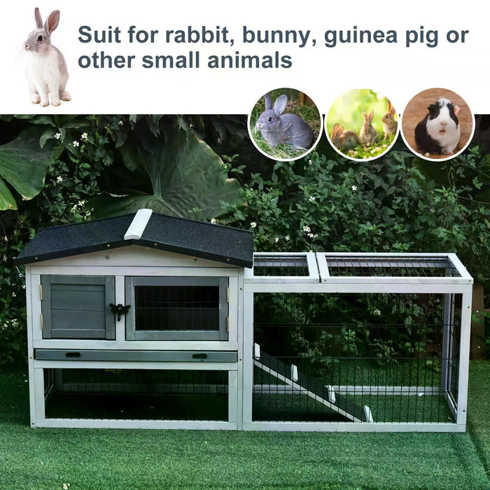 Two-Level Fir Wood Small Animal Hutch with Ramp - Burnt Grey Finish and Dual-Layer Living Space - Ideal for Rabbits and Guinea Pigs