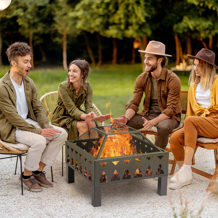 Outdoor Wood Burning Fire Pit with Screen Cover - Durable Log Burner Bowl with Poker for Patio and Backyard - Ideal for Cozy Evenings and Entertainment