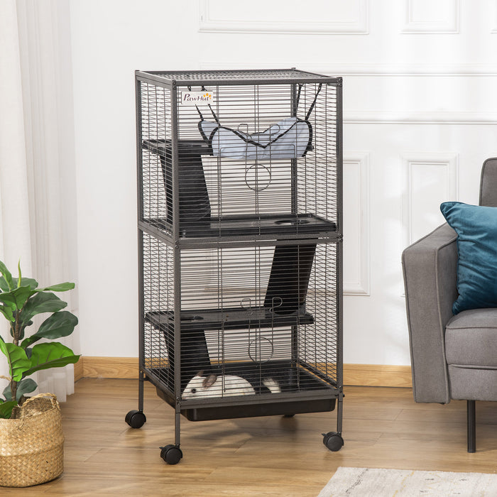 Deluxe Wheeled Small Animal Habitat - Chinchilla, Ferret & Kitten Friendly Cage with Hammock & 4 Platforms - Includes Removable Tray for Easy Cleaning