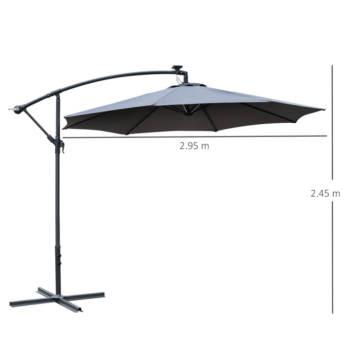 LED Banana Parasol Garden Cantilever Umbrella with Solar Lights - Crank Handle, Cross Base, Hanging Sun Shade in Grey - Ideal Outdoor Protector from Sun and Elements