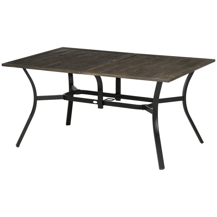 Six-Seater Steel Outdoor Dining Table with Wood-Effect Finish - Features 41mm Parasol Hole - Perfect for Garden Gatherings and Alfresco Meals