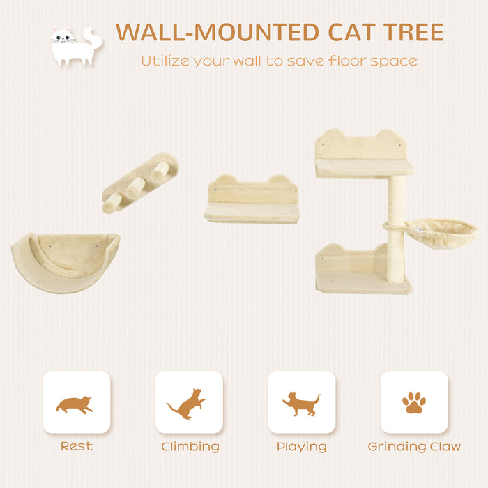 Cat Climbing Fun Station - Wall-mounted 4-Piece Shelf Set with Hammock, Scratching Post, and Jumping Platforms - Beige Kitten Activity Center for Playful Climbing and Lounging