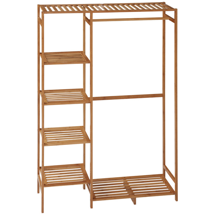 Bamboo Garment Rack with Hanging Rod - 6-Tier Bedroom Clothing Organizer with Storage Shelves - Space-Saving Solution for Living Room and Entryway