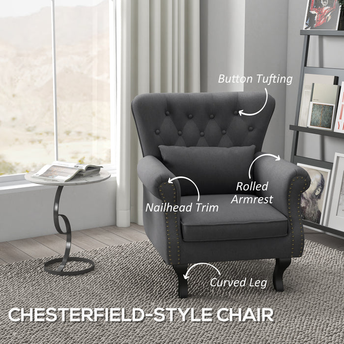 Chesterfield-Style Wingback Chair - Tufted, Nailhead-Trimmed Armchair with Pillow in Dark Grey - Elegant Seating Solution for Living Room and Bedroom