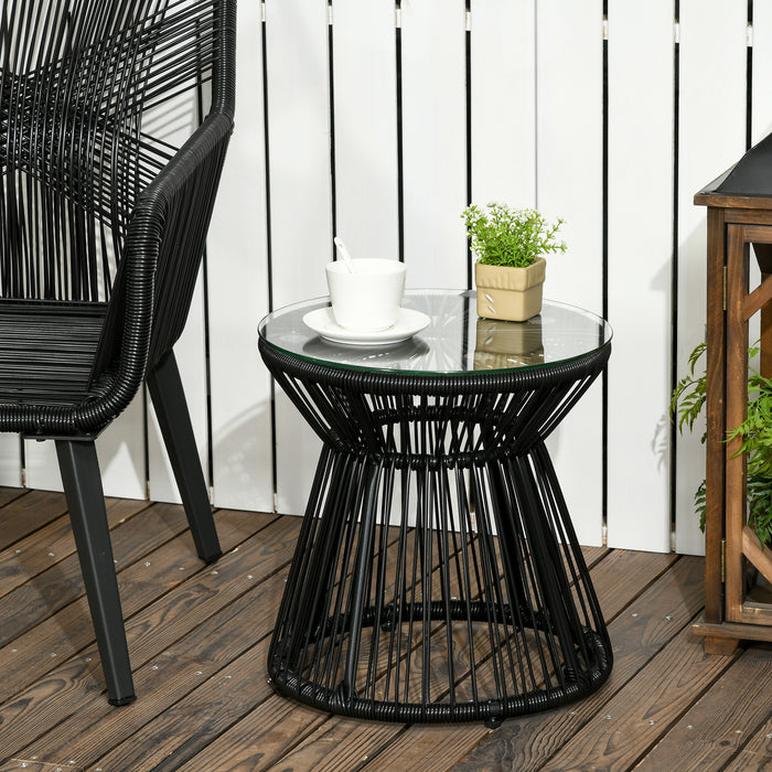 Rattan Round End Table with Glass Top - Hollow Drum Design Side & Coffee Table for Outdoor Spaces - Ideal for Patio, Garden, and Balcony Use