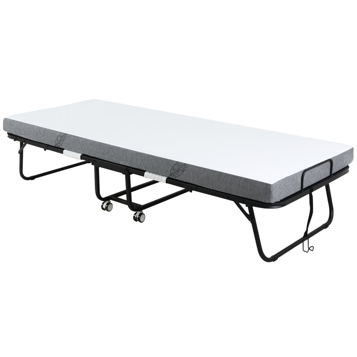 Portable Folding Bed with 10cm Thick Mattress - Sturdy Metal Frame and Easy Mobility with Wheels - Ideal for Overnight Guests and Small Space Living