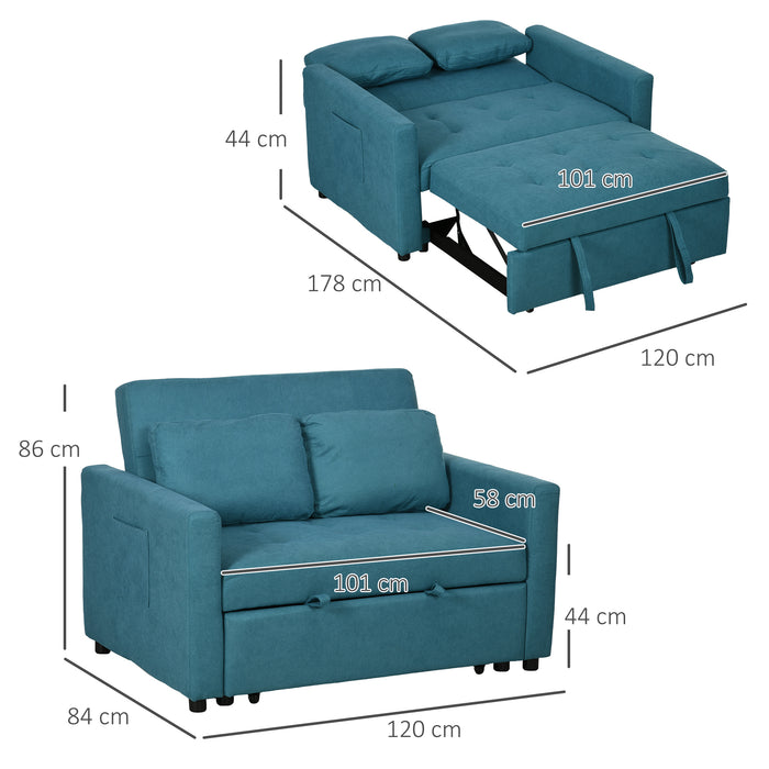 Convertible Loveseat Sofa Bed with Side Pockets - Blue 2-Cushion Settee Sleeper Couch - Space-Saving Furniture for Living Room