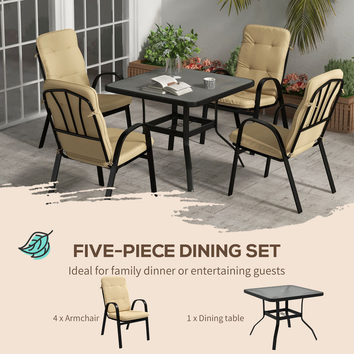 Outdoor Square 5-Piece Dining Set - Tempered Glass Table, 4 Cushioned Armchairs with Umbrella Hole - Perfect for Patio and Garden Entertaining