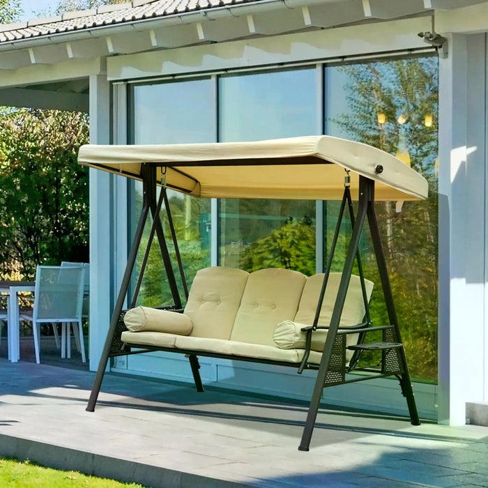 Garden 3-Seater Steel Swing Chair with Canopy - Hammock-Style Outdoor Bench with Cushion Shelter - Comfortable Beige Patio Furniture for Relaxation