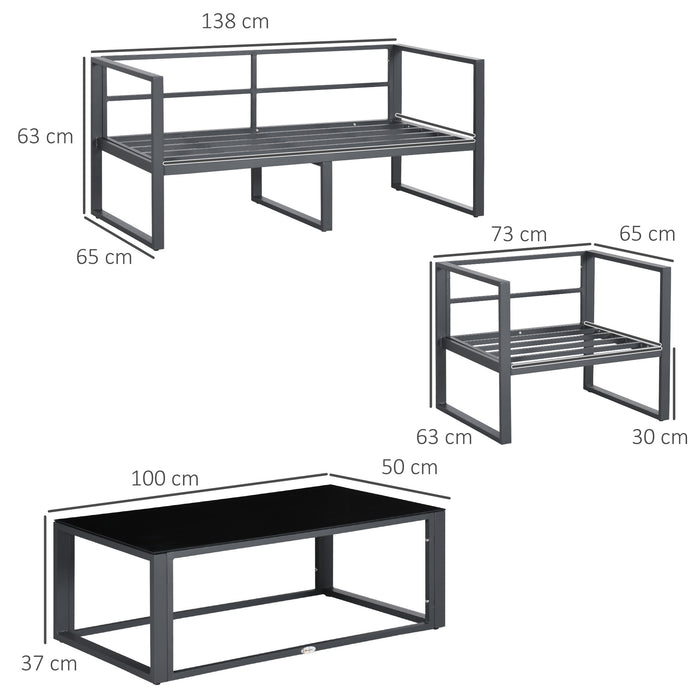 4-Piece Outdoor Lounge Set - Aluminum Patio Furniture with 2 Armchairs, Bench & Side Table, Grey Cushions - Ideal for Garden, Deck, and Poolside Entertaining