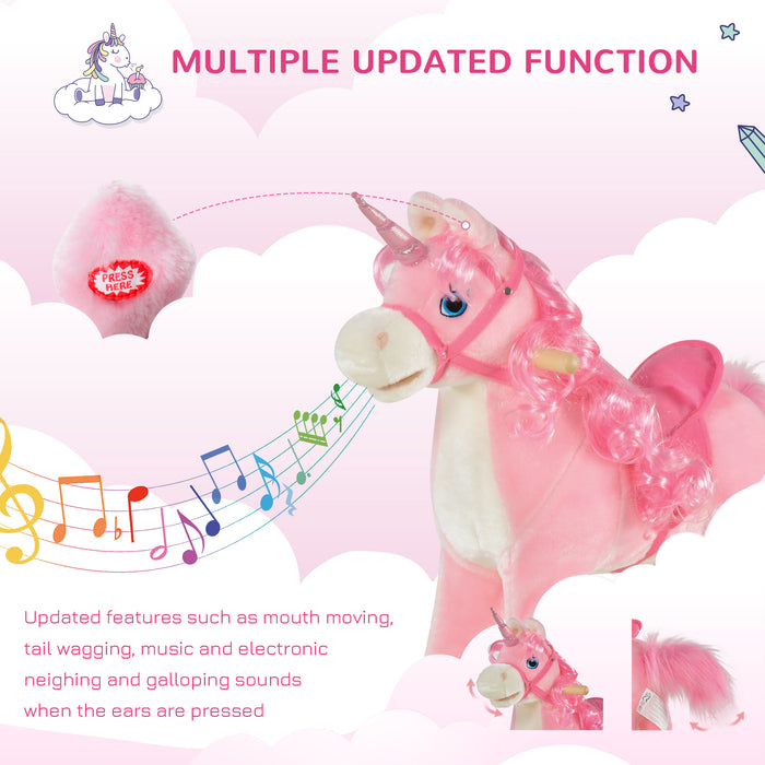 Plush Unicorn Rocking Horse - Soft Pink Ride-On Toy with Sound Effects - Entertaining and Soothing Play for Children