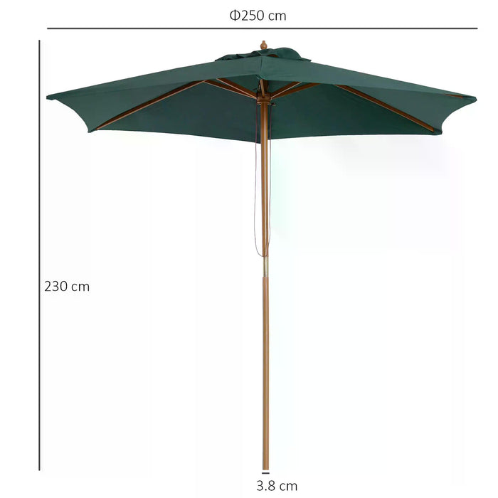 Garden Patio Parasol Umbrella - 2.5m Wooden Frame and Dark Green Canopy - Ideal Sun Shade for Outdoor Leisure and Entertaining