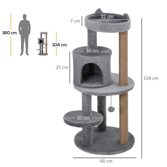 Deluxe 3-Tier Cat Tree with Scratching Posts - 104 cm Tall Activity Condo Tower with Play Ball - Ideal for Cats to Relax, Climb & Play