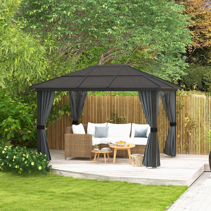 3 x 4m Hard Top Gazebo - Outdoor Garden Pavilion with Polycarbonate Roof, Netting, and Curtains - Ideal for Entertaining and Protection Against Elements