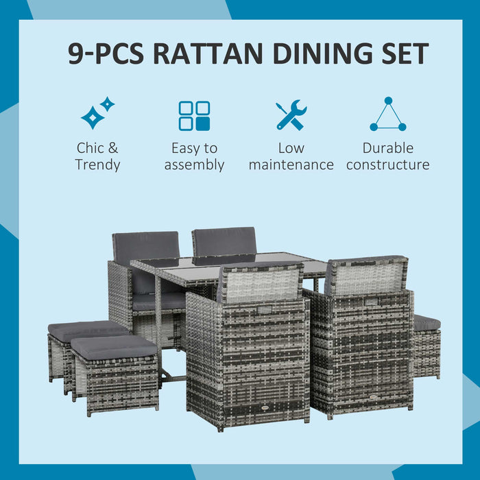 Outdoor Rattan 9PC Set - Mixed Grey Wicker Patio Dining Table with 8 Seats - Ideal for Garden Entertaining and Family Meals