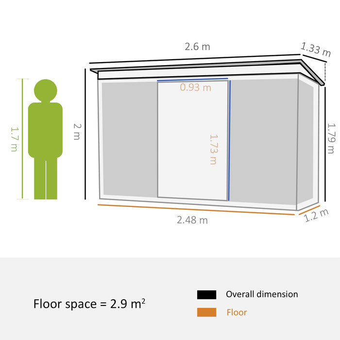 Pent Roof Metal Garden Shed - Spacious 260x133x200 cm Storage Solution with Ventilation - Ideal for Garden Tool Organization and Clutter Reduction