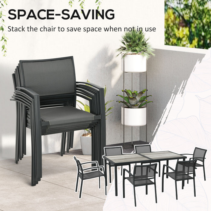 7-Piece Garden Dining Set with Stackable Chairs - Breathable Mesh Seating, Plastic Top Table for 6, Space-Saving Design - Ideal for Outdoor Patio and Poolside Use