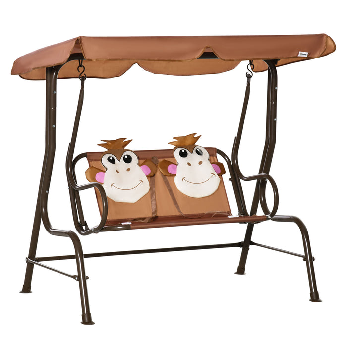 Kids Canopy Swing with Monkey Pattern - 2-Seat Outdoor Patio Lounge Chair with Adjustable Awning and Seat Belt - Perfect for Garden Porch Enjoyment