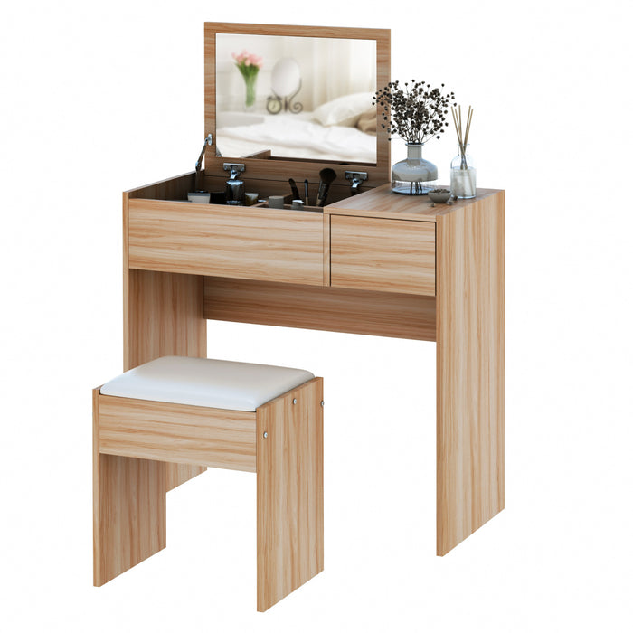 Cushioned Stool and Flip-up Mirror Dressing Table Set - Elegant Wood Grain Finish with Storage Drawer - Perfect for Bedroom Vanity and Makeup Organization