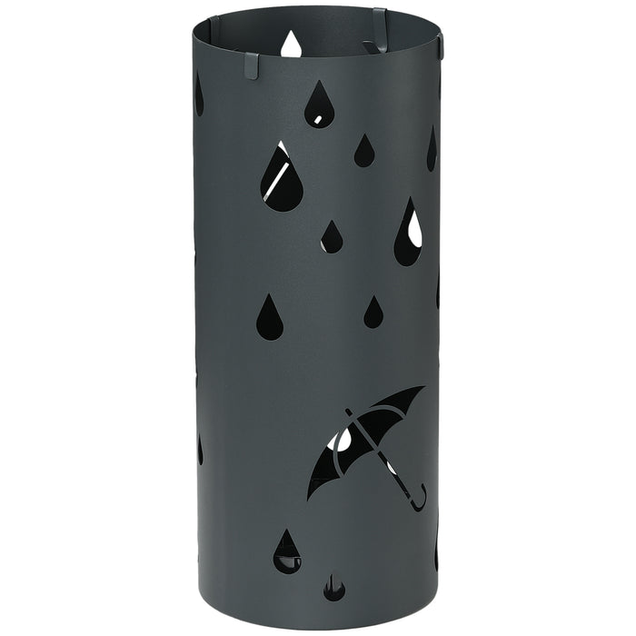 Round Freestanding Umbrella Stand with Drip Tray - Hallway and Entryway Dark Grey Umbrella Holder with 4 Hooks - Keeps Floors Dry and Organizes Umbrellas