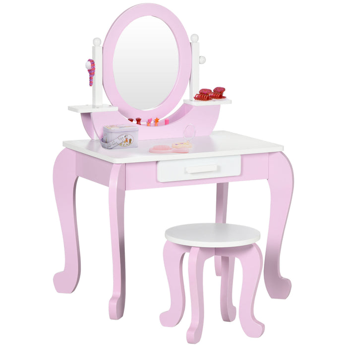 Kids Vanity Set with Stool and Mirror - Girls Pink Dressing Table with Drawer, Round Legs - Makeup Desk for Ages 3-6 Years Old