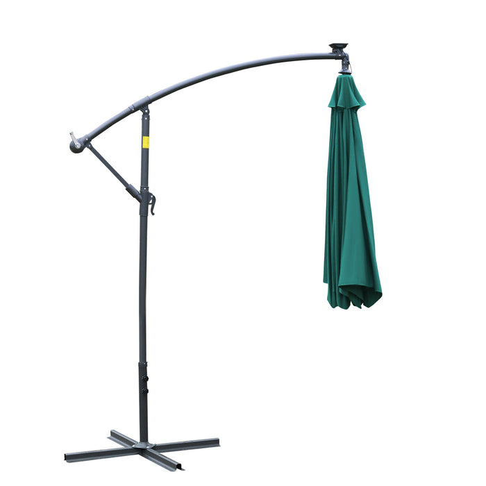 3M Cantilever Patio Banana Parasol - LED, Crank, Cross Base, Offset Hanging Design in Green - Perfect for Garden, Outdoor Table Shade & Entertainment