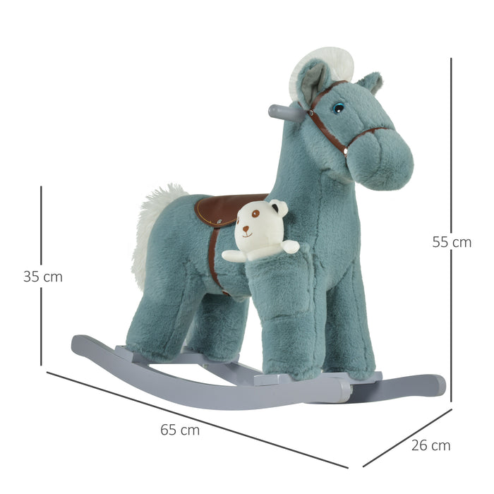 Kids Plush Ride-On Rocker - Wooden Rocking Horse with Soft Plush Toy and Realistic Sounds - Ideal for Toddlers 18-36 Months, Soothing Blue Hue