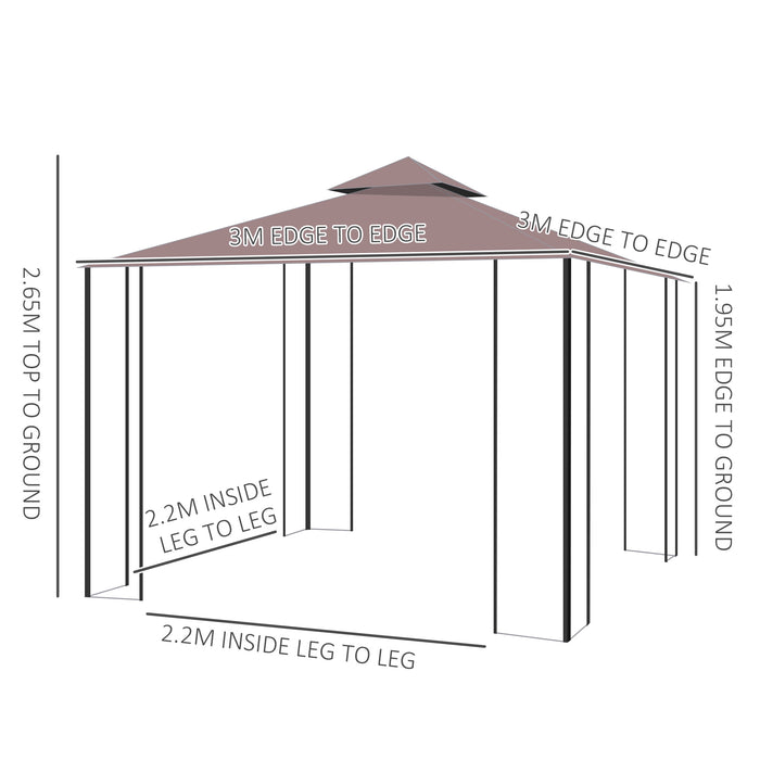 Patio Gazebo Canopy 3x3m - Garden Pavilion Tent with 2 Tier Roof, Mosquito Netting, Steel Frame - Ideal Outdoor Shelter for Relaxation, Coffee Color