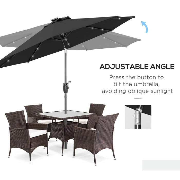 Outdoor Tilt Sun Umbrella with Solar-Powered LED Lights - Φ2.7m Garden Parasol, Hand Crank, 8 Ribs, Patio Sun Shade in Black - Ideal for Nighttime Entertainment & Daytime Relaxation