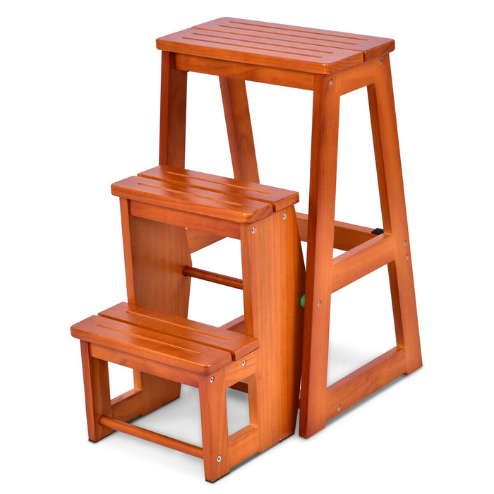 Wooden Folding 3-Tier Step Stool - Functional Stepladder Shelf in Coffee Finish - Ideal for Home Storage and Display Needs