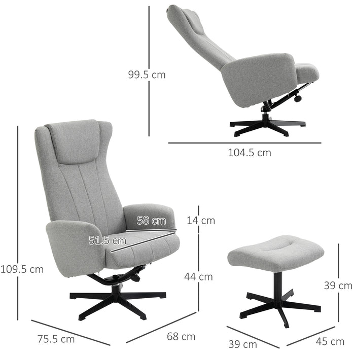 Lounge Chair with Ottoman Set - Linen Fabric Recliner, Swivel Base, 135° Adjustable Backrest & Thick Foam Padding - Ideal Comfort for Relaxing and Leisure