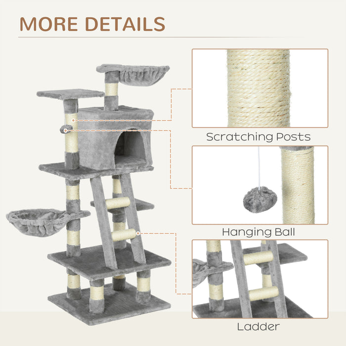 Plush Kitty Playhouse with Sisal Scratching Posts - 1.2m Multi-Level Cat Tree with Basket, Perch, and Condo - Ideal for Play, Rest, and Claw Health, Light Gray