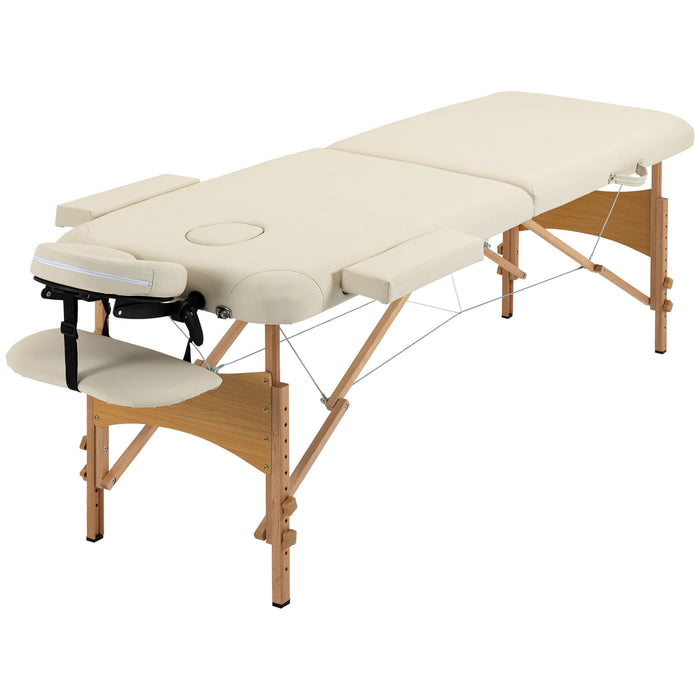 Portable 2-Section Massage Table - Folding Spa and Beauty Bed with Carry Bag, Wooden Frame in Cream Finish - Ideal for Therapists, Salons, and Home Use