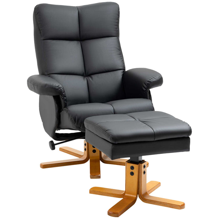 Luxurious Black Faux Leather Recliner Chair with Swivel Function - Comfy Footstool and Built-in Storage, Sturdy Wooden Base - Ideal for Relaxing and Enhancing Any Living Room Space