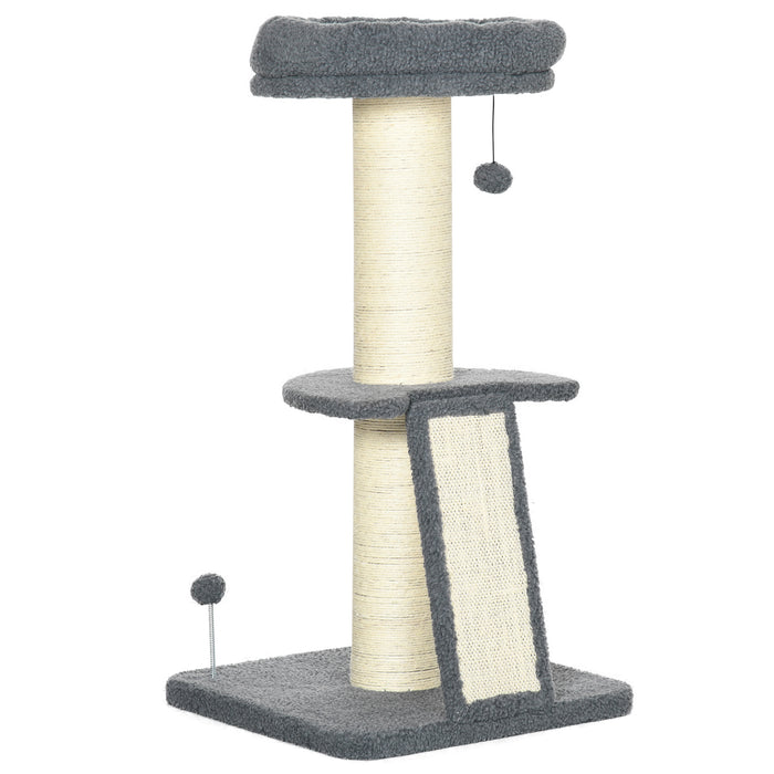 Deluxe Cat Tower with Multiple Scratching Posts - Plush Pad, Cozy Bed & Hanging Toy Ball, Dark Grey & Beige - Perfect Play Structure for Cats up to 6 Kg